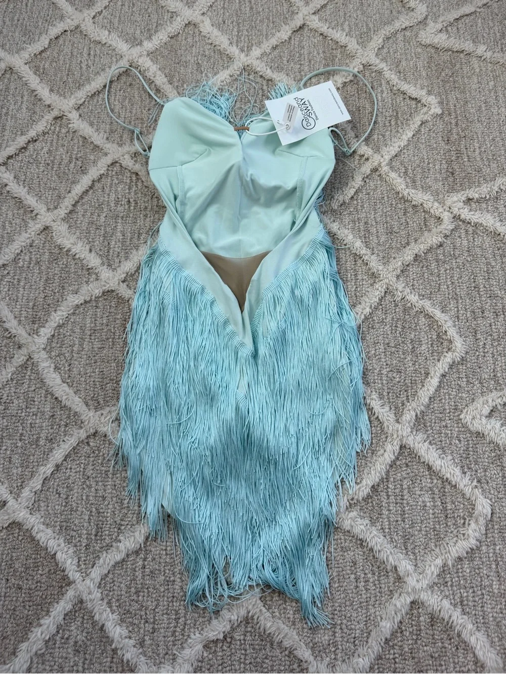 Aqua Fringe Ballroom Dance Costume for Girls with V-Neck Spaghetti Straps